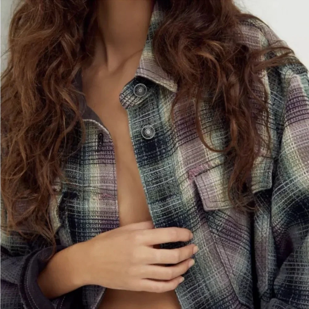 Free People Anneli Plaid Shirt Jacket - Spanish Olive Combo, S